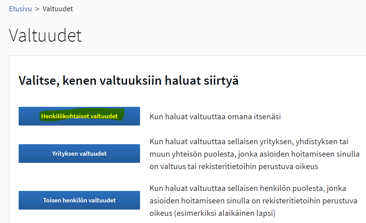 Valitse Henkil&ouml;kohtaiset valtuudet.