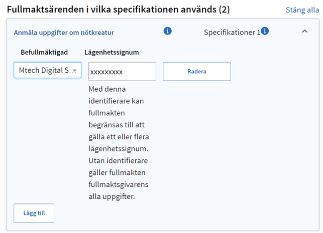 Fullmakts&auml;renden i vilka specifikationen anv&auml;nds.