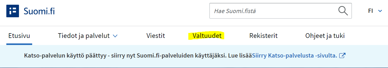 Mene suomi.fi-sivustolle ja tunnistaudu sis&auml;&auml;n henkil&ouml;kohtaisilla tunnuksillasi. Valitse valtuudet.