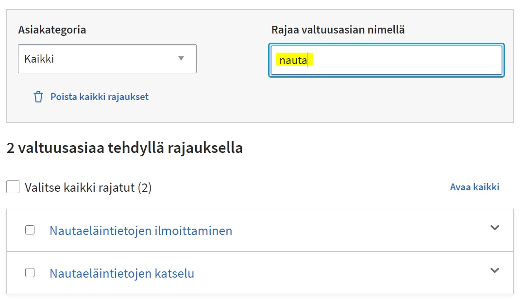  Anna valtuusasiat. Rajaa valtuusasia nimell&auml;.