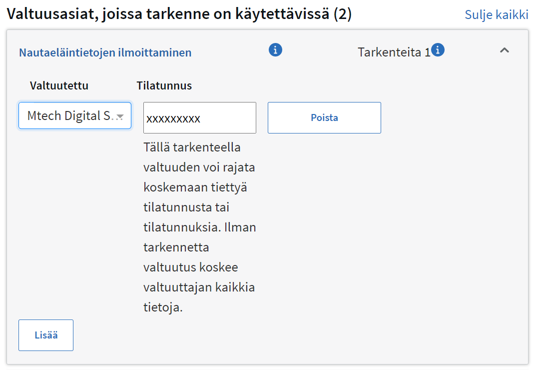 Valtuusasiat, joissa tarkenne on k&auml;ytett&auml;viss&auml;.