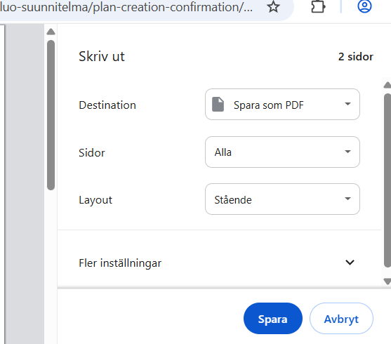 Skärmbild från Skriv ut -sidan