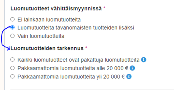 Luomutuotteita tavanomaisten tuotteiden lis&auml;ksi-valinta.