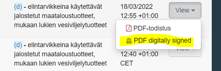 Toimijan luomusertifikaatti l&ouml;ytyy view-valikon alta.