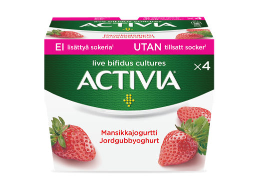 Activia mansikkajogurtti ilman lis&auml;tty&auml; sokeria (4 x 125 g).