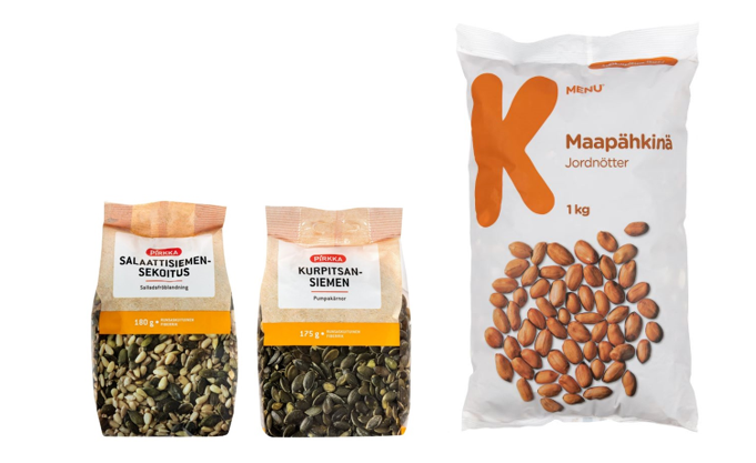 Pirkka-siemenet ja Kmenu-pahkin&auml;t.