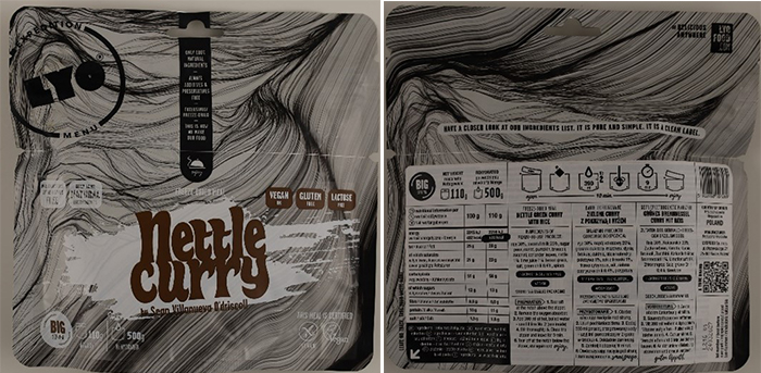 Retkeilij&ouml;ille suunnattu pakastekuivattu ateria Nettle Curry, 500 g.