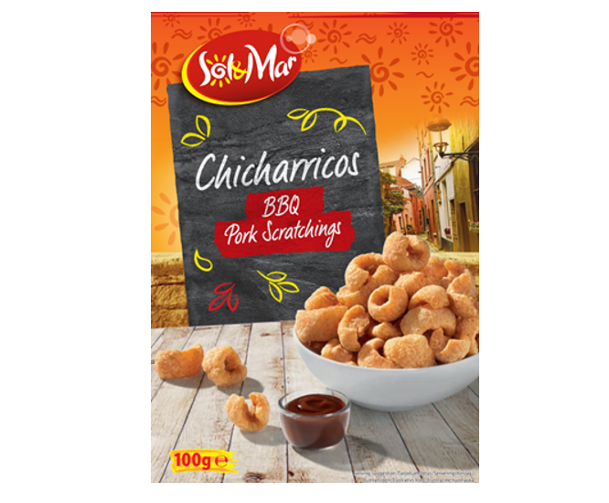 Sol& Mar Chicharricos BBQ &ndash; friteerattuja grillimaustettuja siankamarasnackseja, 100 g.