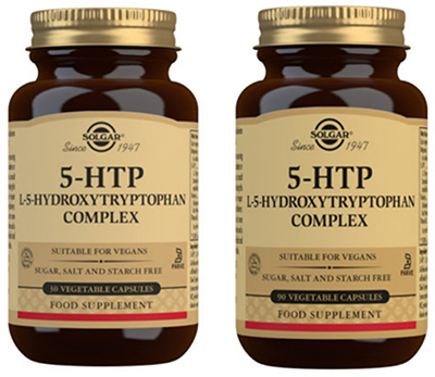5-HTP Complex ravintolis&auml;n 2 purkkia: pakkauskoot 30 ja 90 kapselia.