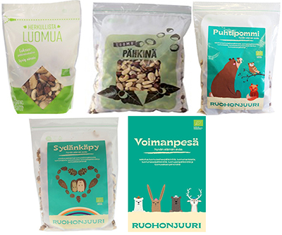 Viisi erilaista p&auml;hkin&auml;sekoituspakkausta.