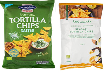 Luomumaissilastupakkaukset: Santa Maria Tortilla Chips Organic ja &Auml;nglamark Seasalt Tortilla Chips.