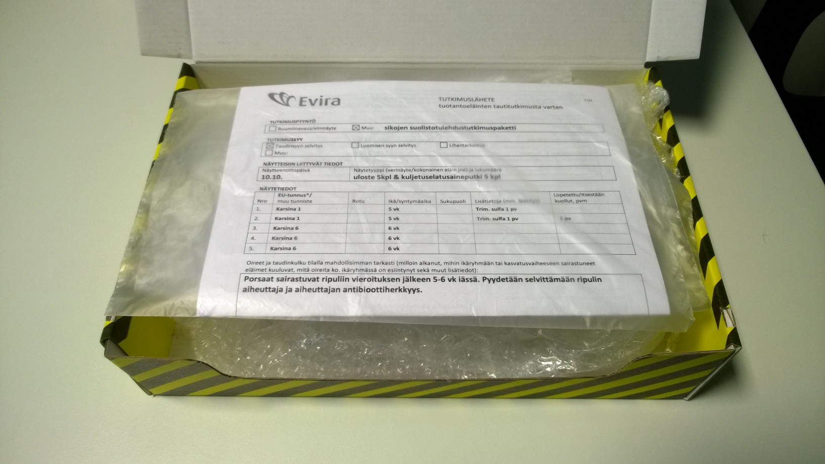 L&auml;hete pakattuna mukaan ulosten&auml;ytelaatikkoon.