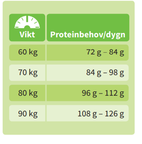 Proteinbehov med olika vikter, till exempel 60 kg beh&ouml;ver 72-84 g protein/dygn