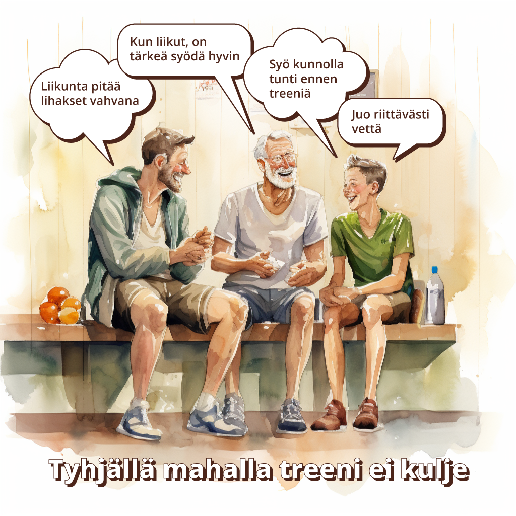 Sukupolvi miehi&auml; istuu pukuhuoneessa ja keskustelee siit&auml;, ett&auml; liikunnan yhteydess&auml; pit&auml;&auml; sy&ouml;d&auml; hyvin.
