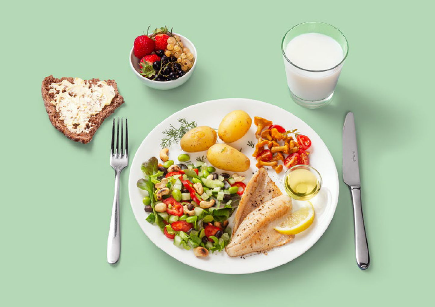 Lautasmalli, jossa p&auml;&auml;ruokana kalaa ja keitettyj&auml; perunoita kasvislis&auml;kkeen kera. Lis&auml;ksi ateria sis&auml;lt&auml;&auml; ruokajuomana ravattoman maidon, piim&auml;n tai t&auml;ydennetty&auml; kasvisjuomaa sek&auml; t&auml;ysjyv&auml;viljaleiv&auml;n kasvirasvalevitteell&auml; sek&auml; j&auml;lkiruoaksi hedelm&auml;n.