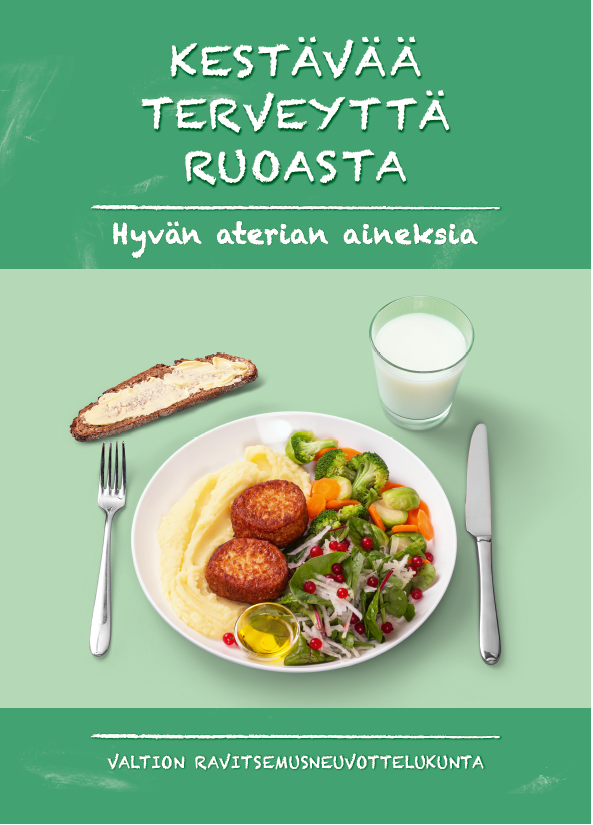 Lautasmalli julisteessa p&auml;&auml;ruokana kalapihvit perunamuusin ja kasvisten kera ja &ouml;ljypohjaisen salaatinkastikkeen kera. Lis&auml;ksi lautasmalli sis&auml;lt&auml;&auml; rasvattoman maito- tai piim&auml;lasin, t&auml;ysjyv&auml;leiv&auml;n kasvirasvalevitteell&auml; ja kaksi luumua j&auml;lkiruoaksi.