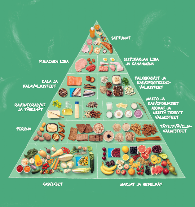 Ruokapyramidi, jossa ruokia suositellaan k&auml;ytt&ouml;m&auml;&auml;r&auml;n ja -tiheyden perusteella. Ruokavalion perustan muodostavat kasvikset, marjat ja hedelm&auml;t. Niiden yl&auml;puolella ovat t&auml;ysjyv&auml;viljatuotteet ja peruna. Seuraavana tulevat maitotuotteet, ravintorasvat ja p&auml;hkin&auml;t. Niiden yl&auml;puolella ovat kala ja palkokasvit. Seuraavana punainen liha, siipikarjanliha sek&auml; kananmuna ja ylimp&auml;n&auml; vain harvoin ja v&auml;h&auml;n sy&ouml;t&auml;v&auml;t sattumat