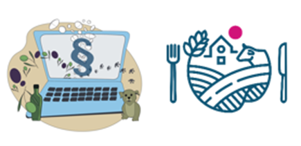 Tietokoneen n&auml;yt&ouml;ll&auml; lakipyk&auml;l&auml;n merkki ja Ruokaviraston logo.