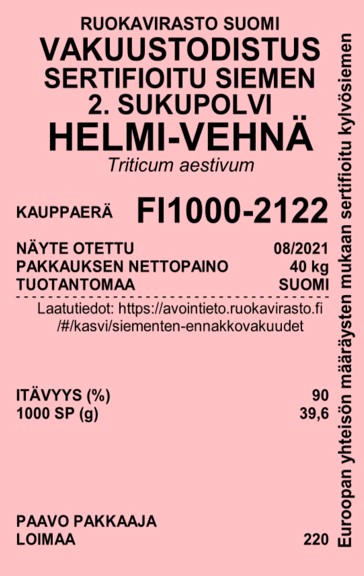 Vakuustodistus vehn&auml;nsiemenille.