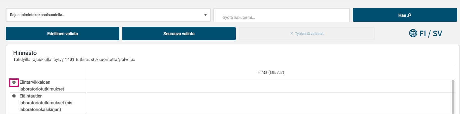 Hinnan avaaminen onnistuu plus-ikonista.
