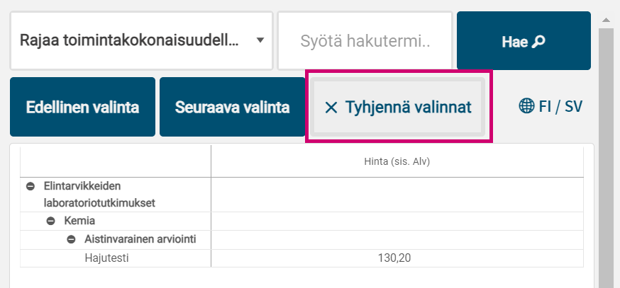 Tyhjenn&auml; valinnat-nappi.