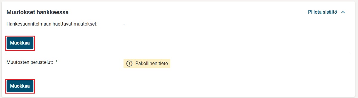 Muutokset hankkeessa