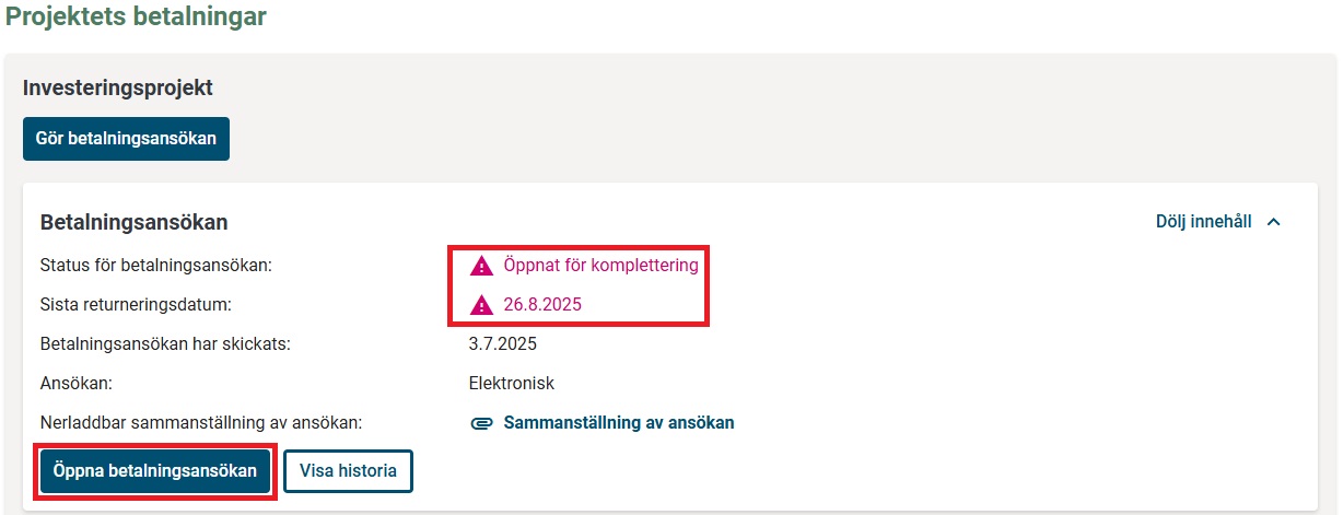 Projektets betaliningar