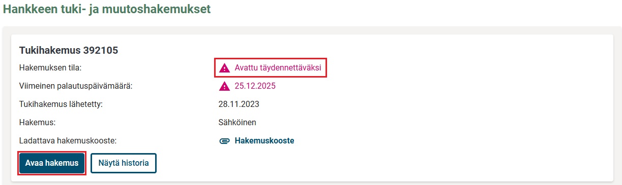 hankkeen tuki- ja muutoshakemukset