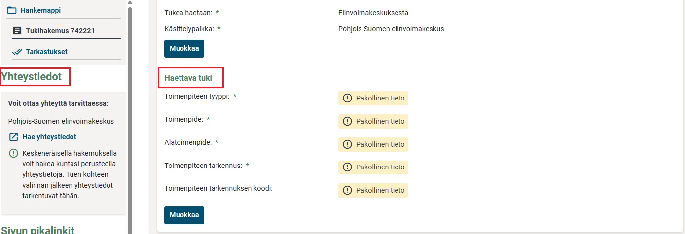 Yhteistiedot ja haettava tuki