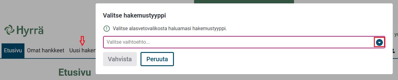 Valitse hakemustyyppi