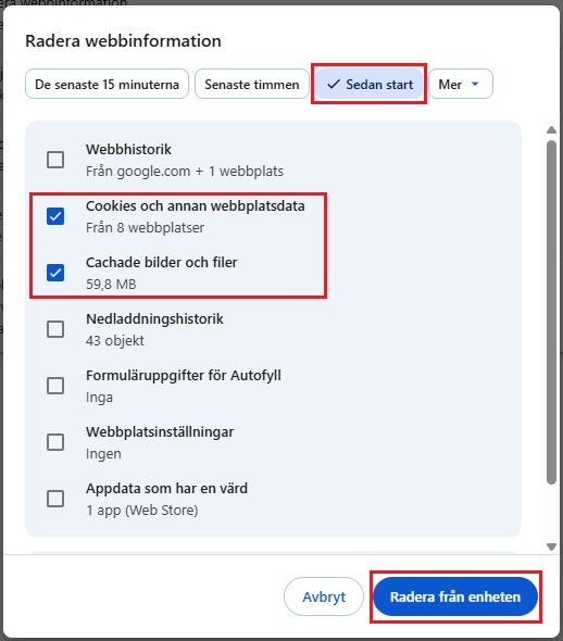 Chrome radera fr&aring;n enheten