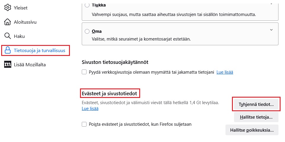 Firefox ev&auml;steet ja sivustotiedot