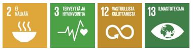 Tavoite 2: Ei nälkää,Tavoite 3: Terveyttä ja hyvinvointia,Tavoite 12: Vastuullista kuluttamista,Tavoite 13: Ilmastotekoja.  