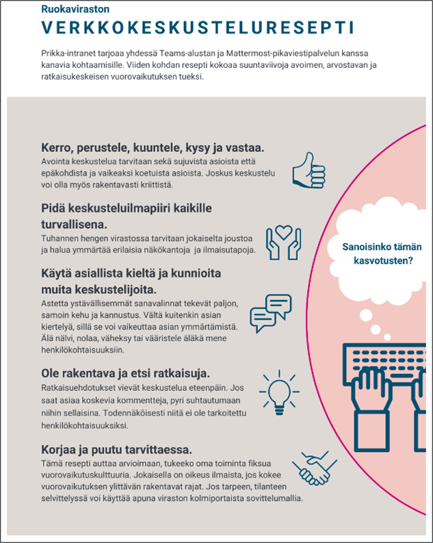 Ohjeita henkilöstölle verkkokeskusteluihin: Kerro, perustele, kuuntele, kysy ja vastaa Pidä keskusteluilmapiiri kaikille turvallisena Käytä asiallista kieltä ja kunnioita muita keskustelijoita Ole rakentava ja etsi ratkaisuja Korjaa ja puutu tarvittaessa Lisäksi on hyvä miettiä: sanaoisinko tämän kasvotusten.