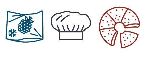 Elintarvikkeisiin liittyvi&auml; ikoneita; pakastemarjat, kokin hattu, leip&auml;.