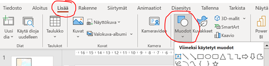 Kuvankaappaus: Muodot-ty&ouml;kaluvalikko PowerPointissa.