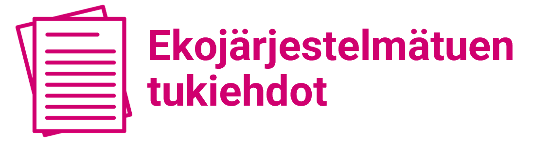Ekoj&auml;rjestelm&auml;tukien tukiehdot -teksti ja kuvake.