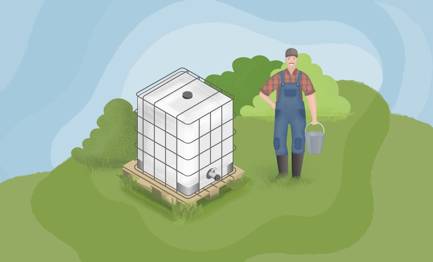 Maanviljelij&auml; seisoo maatilalla muovisen IBC-kontin vieress&auml;.