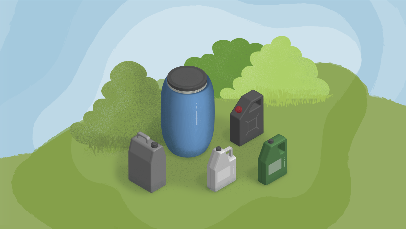 Erikokoisia muovisia kanistereita ja tynnyreit&auml; maatilalla.