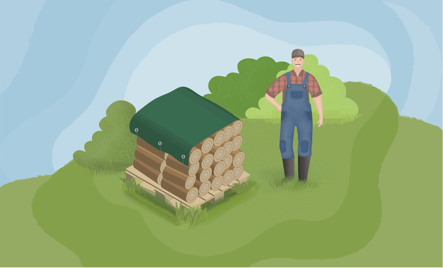 Maanviljelij&auml; seisoo maatilalla muovisella lavahupulla peitetyn halkopinon vieress&auml;.