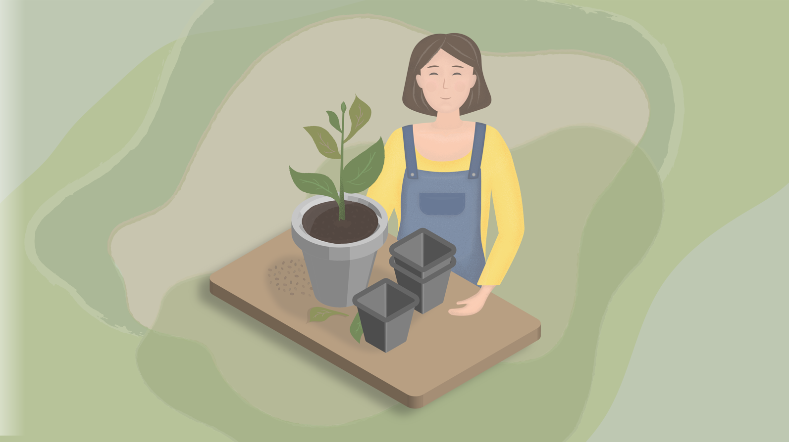 Puutarhuri seisoo tason edess&auml;, jonka p&auml;&auml;ll&auml; on viherkasvi ja muovisia ruukkuja.