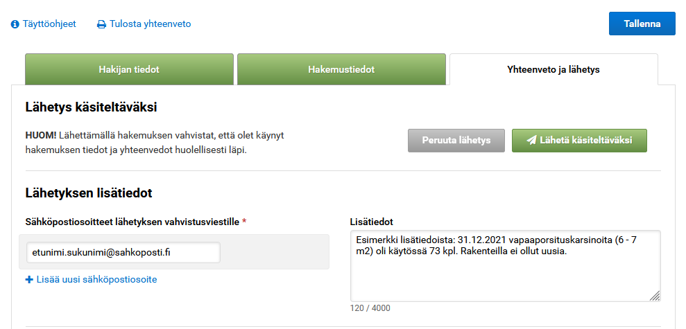 Kuva 14. Yhteenveto ja l&auml;hetys &ndash; sivun tiedot