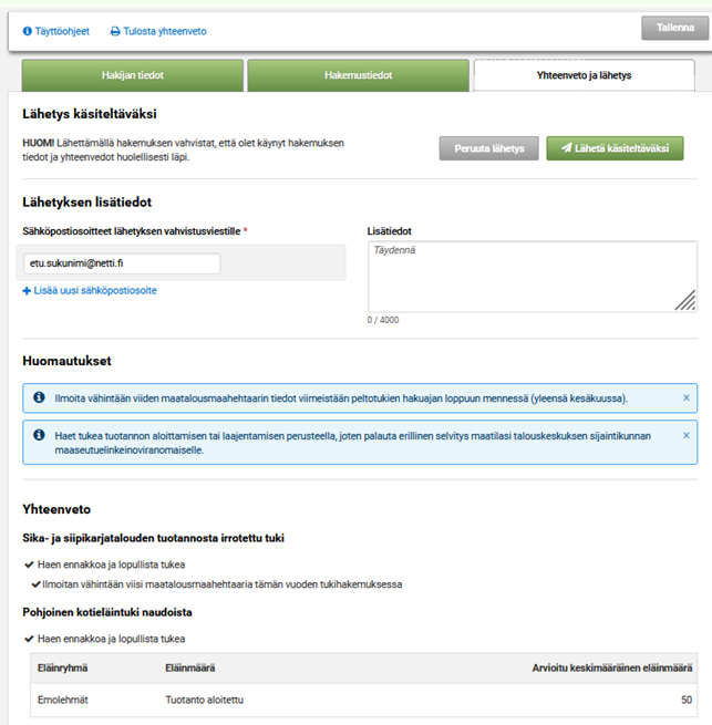 Kuvakaappaus Vipusta: Yhteenveto ja l&auml;hetys -osio
