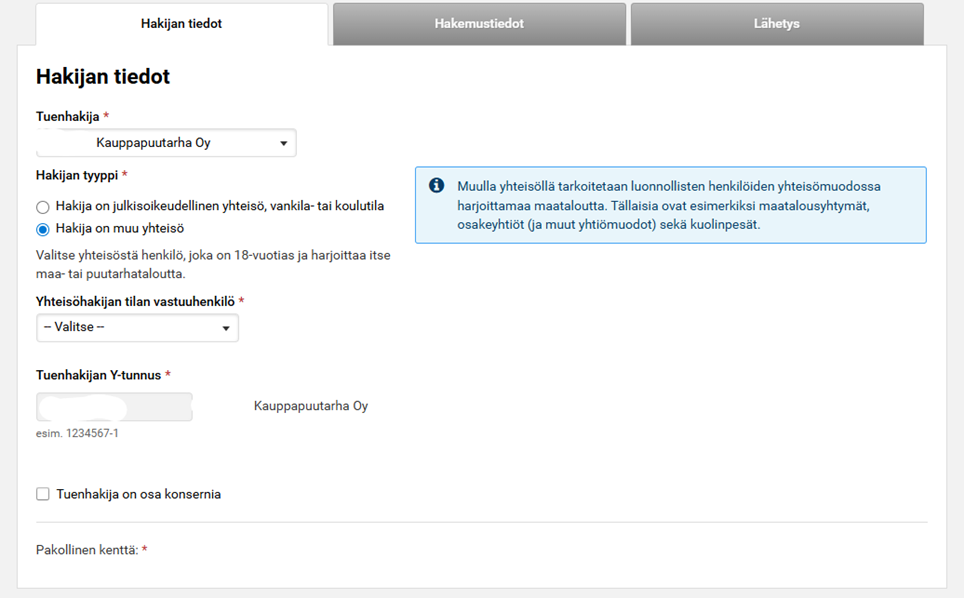 Kuvankaappaus Vipu-palvelusta, hakijan tiedot-v&auml;lilehti