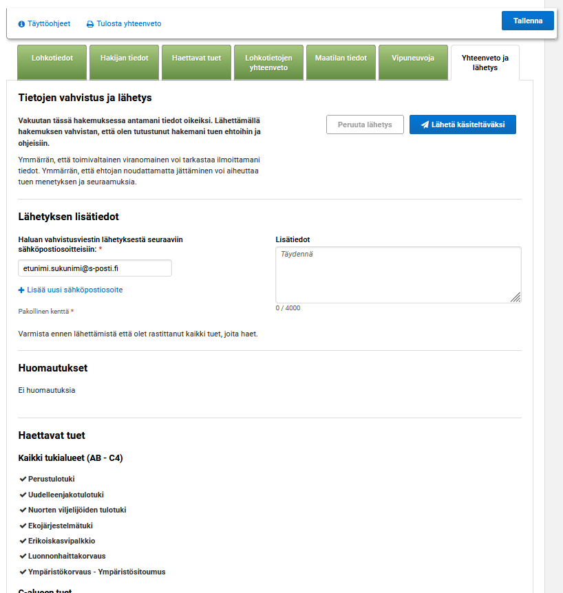 Kuvakaappaus vipu-palvelusta, yhteenveto ja l&auml;hetys