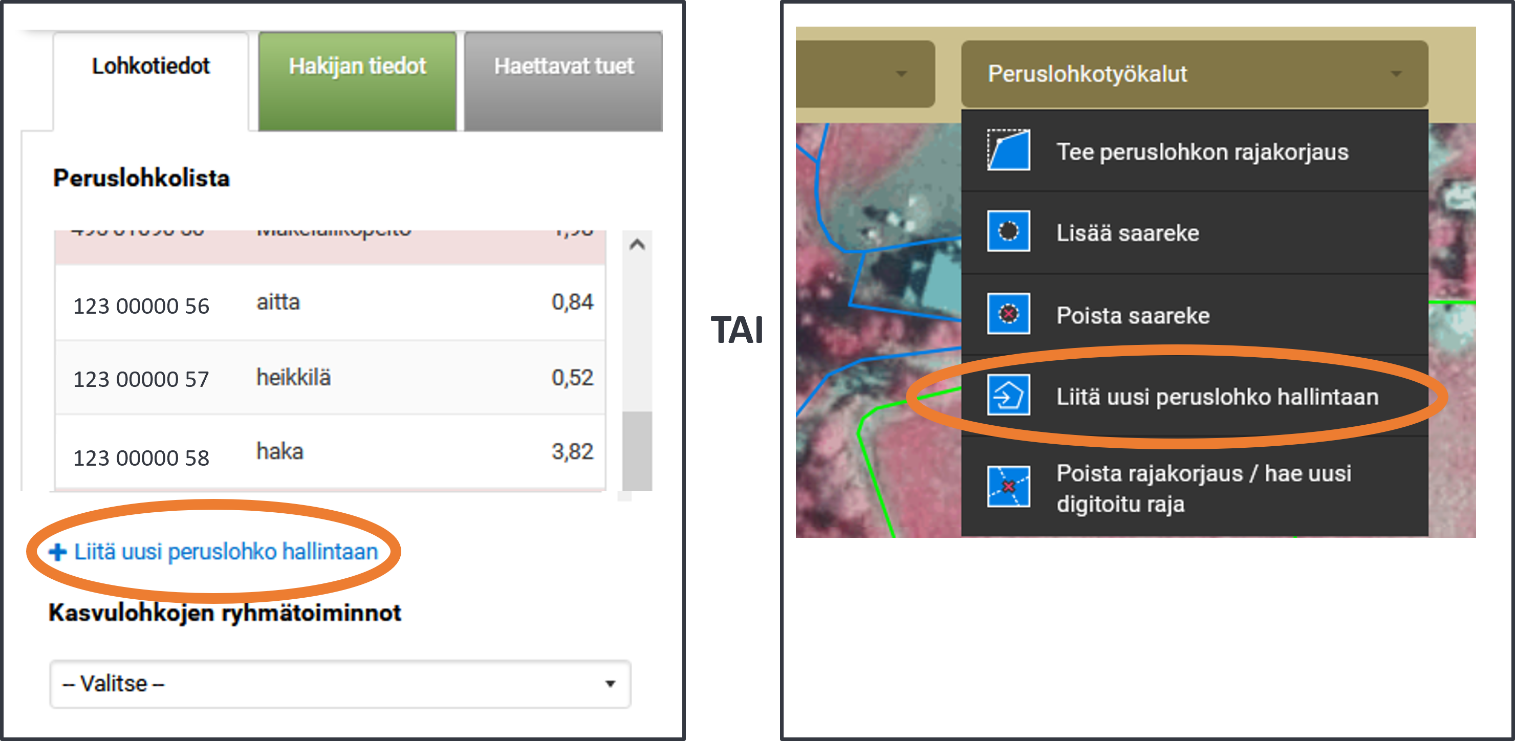 Kuvankaappaus Vipu-palvelusta, Liit&auml; uusia peruslohkoja hallintaan 