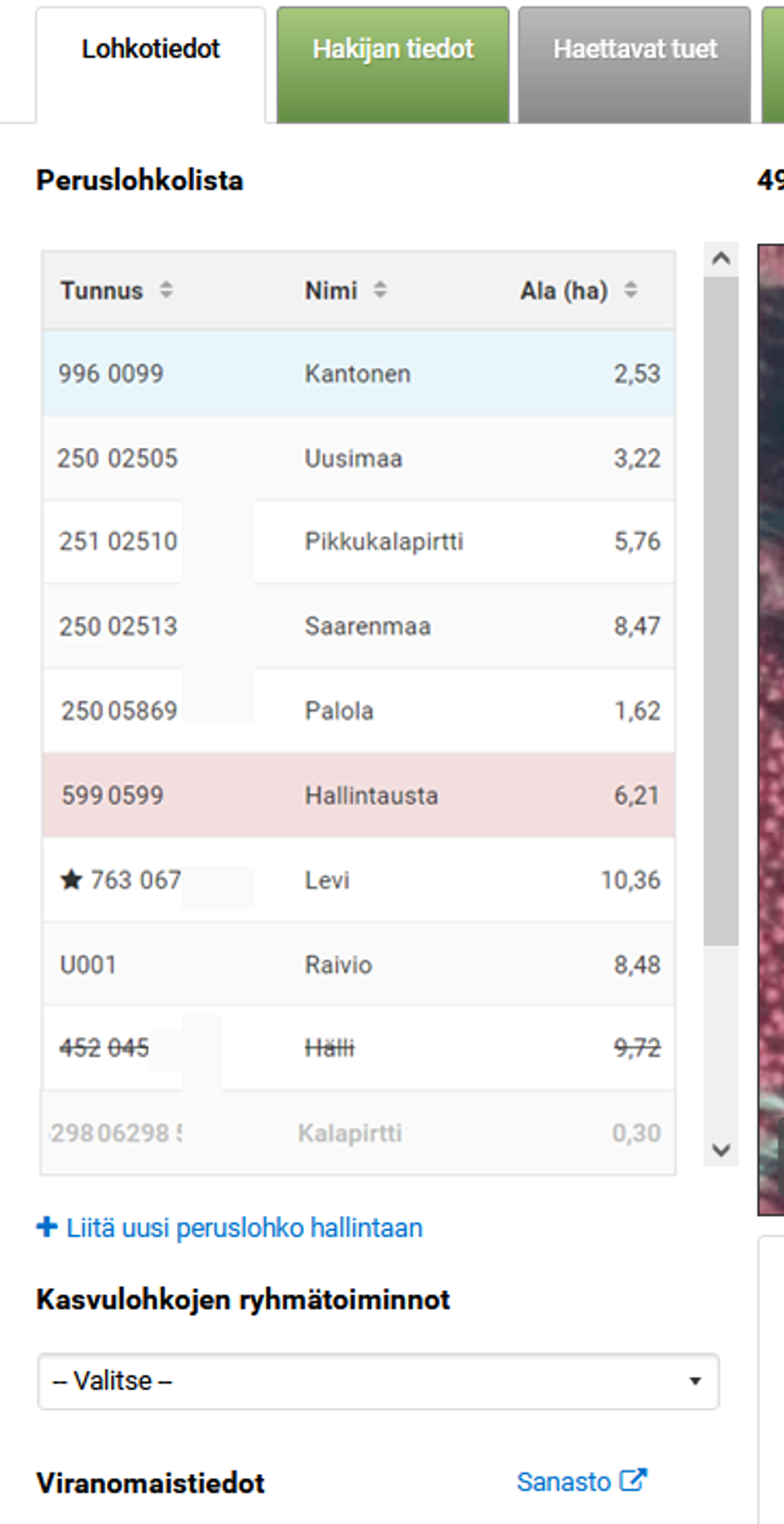 Kuvankaappaus Vipun peruslohkolistasta