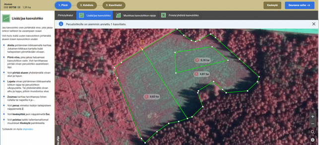 Kuvakaappaus Vipun kartalta, Lis&auml;&auml; jaa kasvulohko kartalla