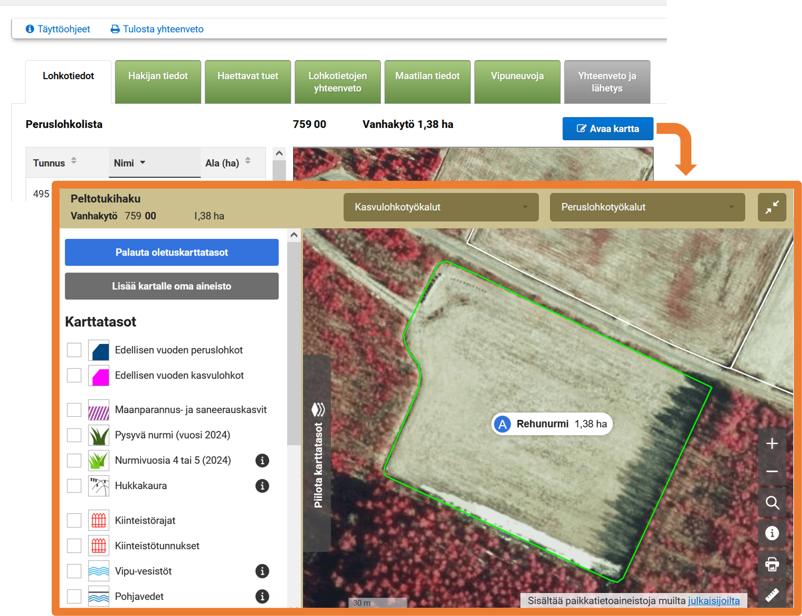 Kuvankaappaus Vipu-palvelun kartalta.