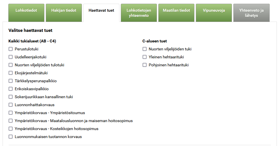 Kuvakaappaus Vipusta Rastita haettavat tuet.